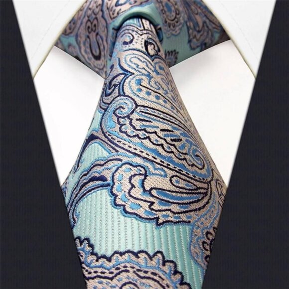 Blue Turquoise Silver Paisley DESIGN 100% SILK TIE Jacquard Woven Holographic Ne - Picture 6 of 7